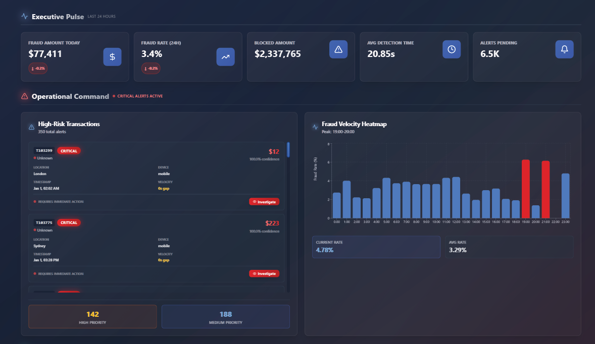 Fraud Detection Dashboard - Executive Pulse showing real-time fraud monitoring metrics, transaction volume, and risk scores